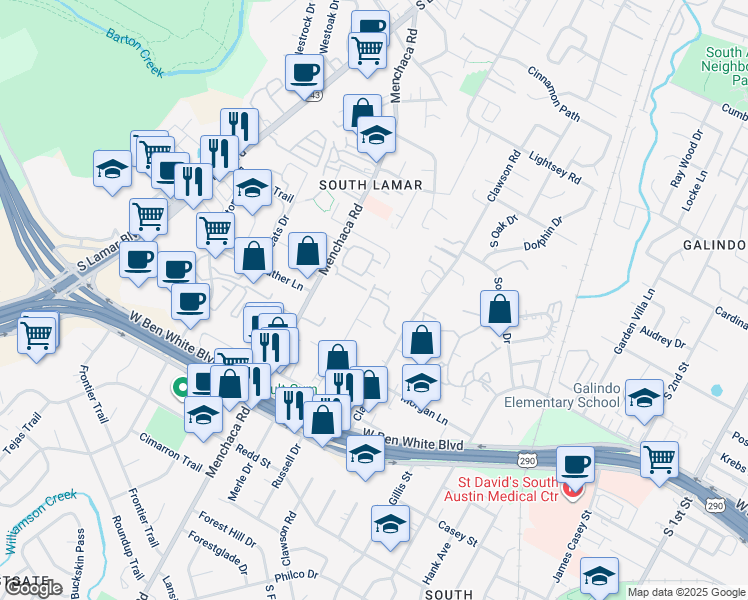 map of restaurants, bars, coffee shops, grocery stores, and more near 3810 Valley View Road in Austin