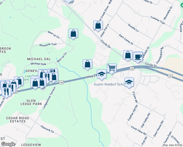 map of restaurants, bars, coffee shops, grocery stores, and more near 8844 U.S. 290 in Austin