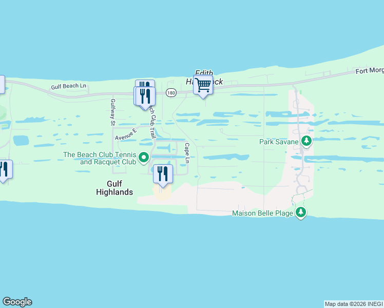 map of restaurants, bars, coffee shops, grocery stores, and more near 655 Cabana Beach Road in Gulf Shores