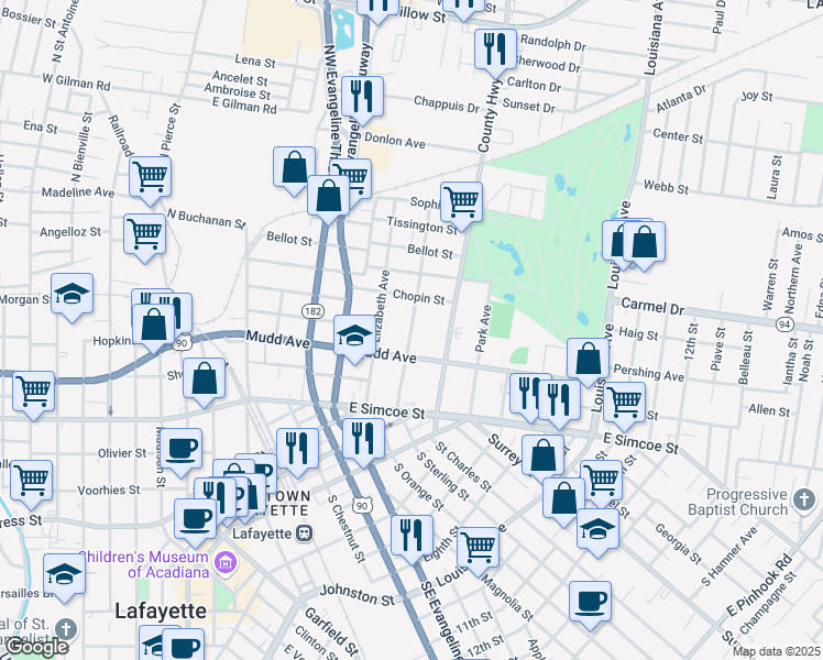 map of restaurants, bars, coffee shops, grocery stores, and more near North Sterling Street in Lafayette