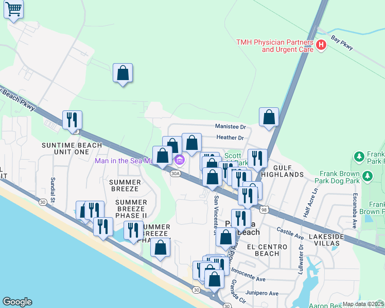 map of restaurants, bars, coffee shops, grocery stores, and more near 121 Coral Drive in Panama City Beach
