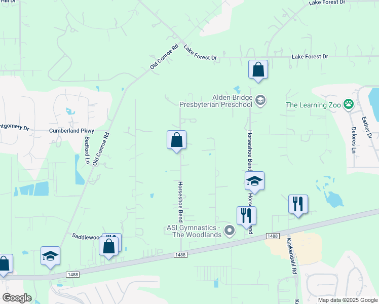 map of restaurants, bars, coffee shops, grocery stores, and more near 14112 Horseshoe Bend in Conroe