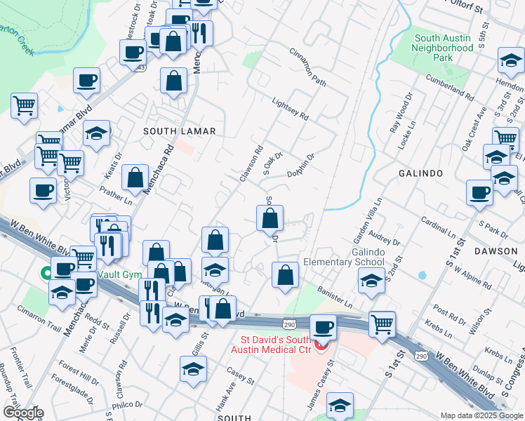map of restaurants, bars, coffee shops, grocery stores, and more near 3520 Southridge Drive in Austin