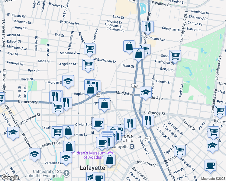 map of restaurants, bars, coffee shops, grocery stores, and more near 101 Hobson Street in Lafayette