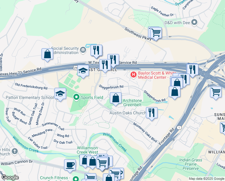 map of restaurants, bars, coffee shops, grocery stores, and more near 4710 Staggerbrush Road in Austin