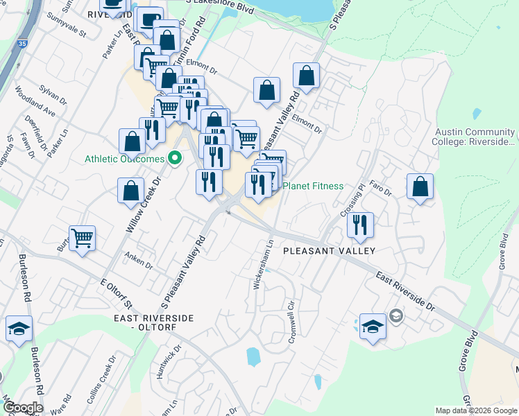 map of restaurants, bars, coffee shops, grocery stores, and more near 4410 East Riverside Drive in Austin