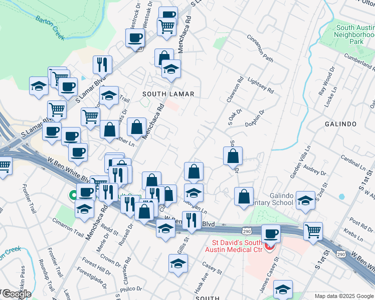 map of restaurants, bars, coffee shops, grocery stores, and more near 3800 Clawson Road in Austin