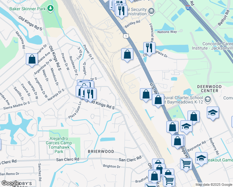 map of restaurants, bars, coffee shops, grocery stores, and more near 8137 San Jose Manor Drive East in Jacksonville