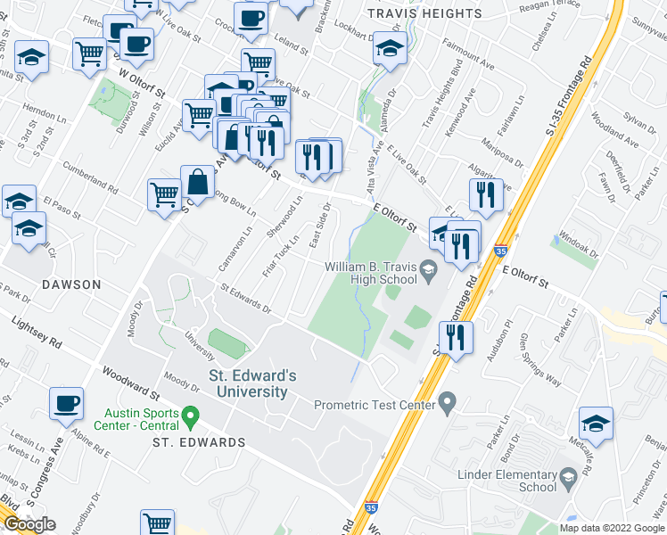 map of restaurants, bars, coffee shops, grocery stores, and more near 2510 Little John Lane in Austin