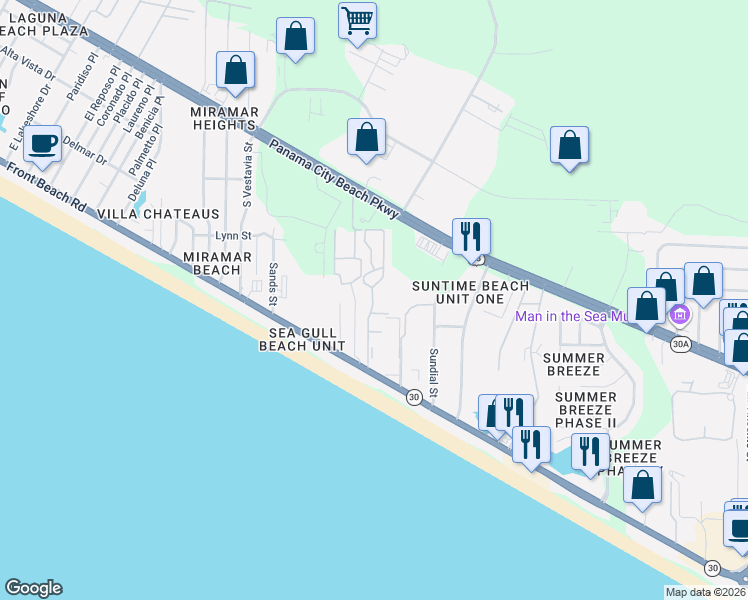 map of restaurants, bars, coffee shops, grocery stores, and more near 17620 Front Beach Road in Panama City Beach