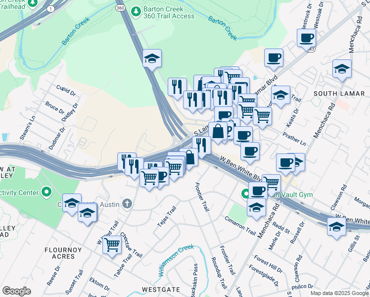 map of restaurants, bars, coffee shops, grocery stores, and more near S Lamar Blvd & W Ben White Blvd in Austin