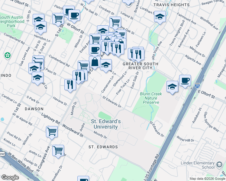map of restaurants, bars, coffee shops, grocery stores, and more near 2608 Friar Tuck Lane in Austin