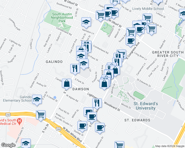 map of restaurants, bars, coffee shops, grocery stores, and more near 402 Powell Circle in Austin