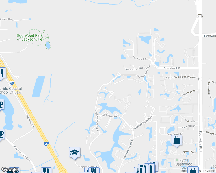 map of restaurants, bars, coffee shops, grocery stores, and more near 7623 Baymeadows Circle West in Jacksonville