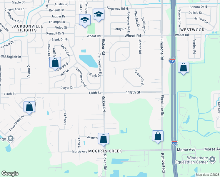 map of restaurants, bars, coffee shops, grocery stores, and more near 6355 Ricker Road in Jacksonville
