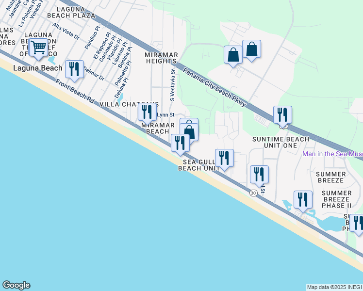 map of restaurants, bars, coffee shops, grocery stores, and more near 254 Sands St in Panama City Beach