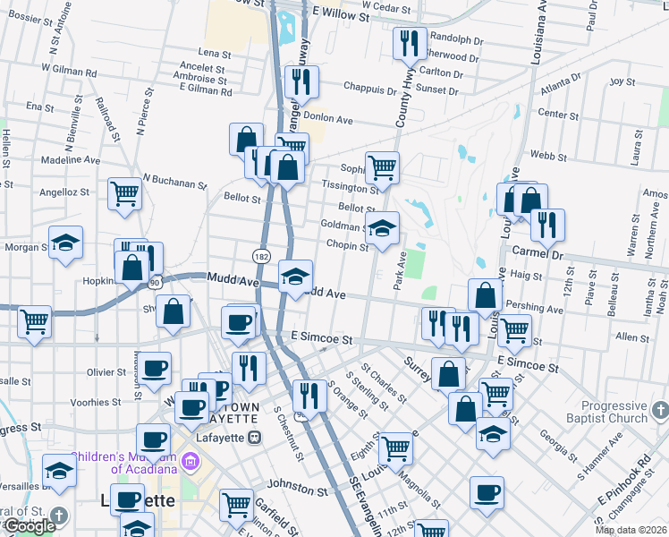 map of restaurants, bars, coffee shops, grocery stores, and more near 427 North Sterling Street in Lafayette