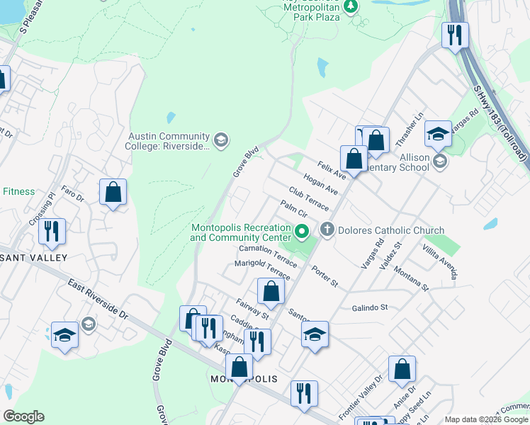 map of restaurants, bars, coffee shops, grocery stores, and more near 1108 Lily Terrace in Austin