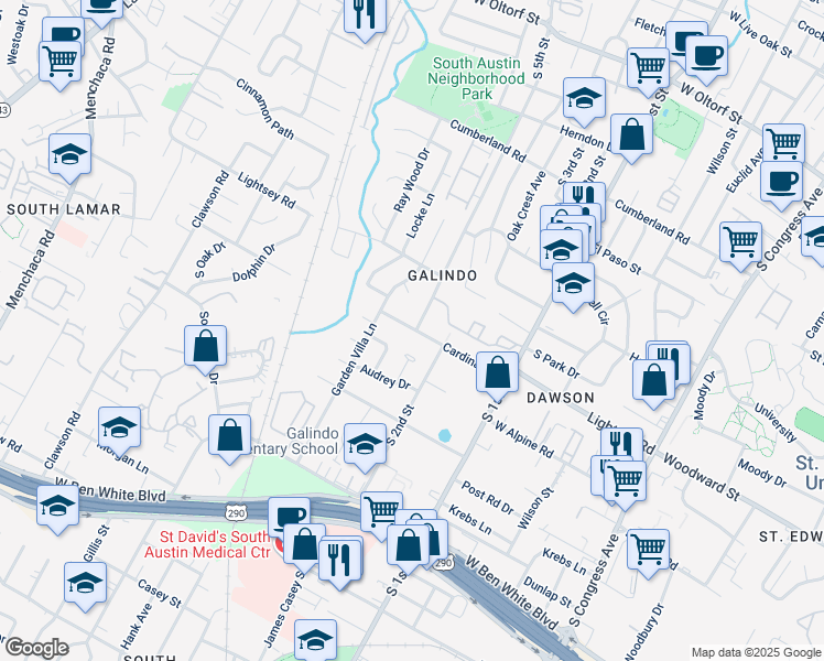 map of restaurants, bars, coffee shops, grocery stores, and more near 912 Cardinal Lane in Austin