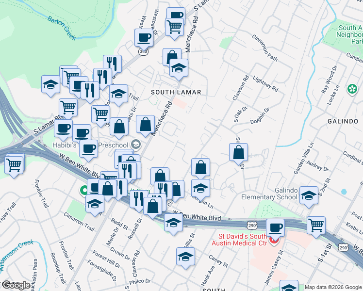 map of restaurants, bars, coffee shops, grocery stores, and more near 3900 Valley View Road in Austin