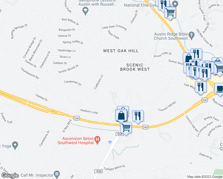 map of restaurants, bars, coffee shops, grocery stores, and more near 7507 Callbram Lane in Austin