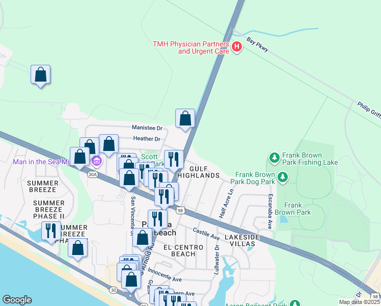 map of restaurants, bars, coffee shops, grocery stores, and more near 206 Florida 79 in Panama City Beach