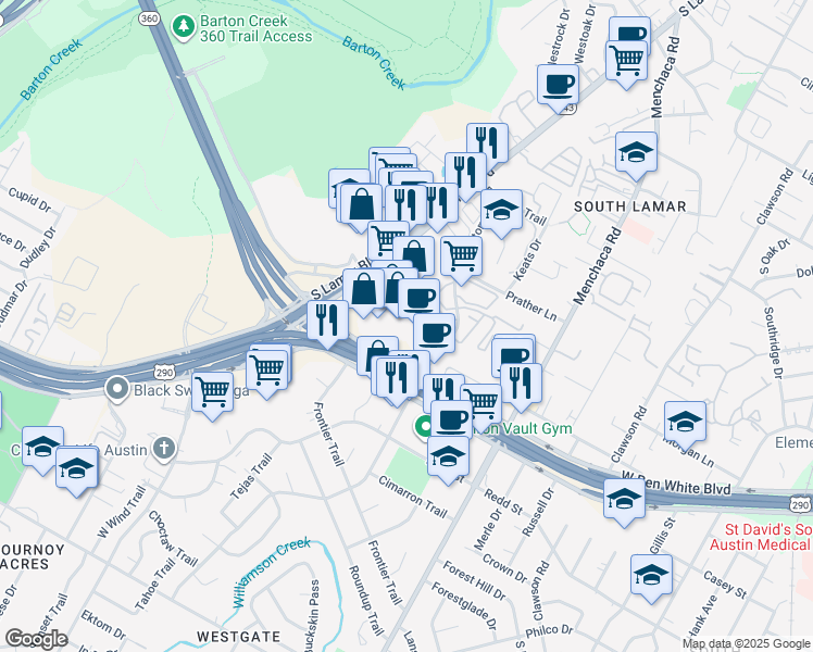 map of restaurants, bars, coffee shops, grocery stores, and more near 4211 South Lamar Boulevard in Austin