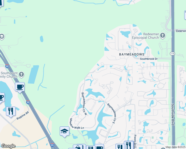map of restaurants, bars, coffee shops, grocery stores, and more near 7623 Baymeadows Circle West in Jacksonville