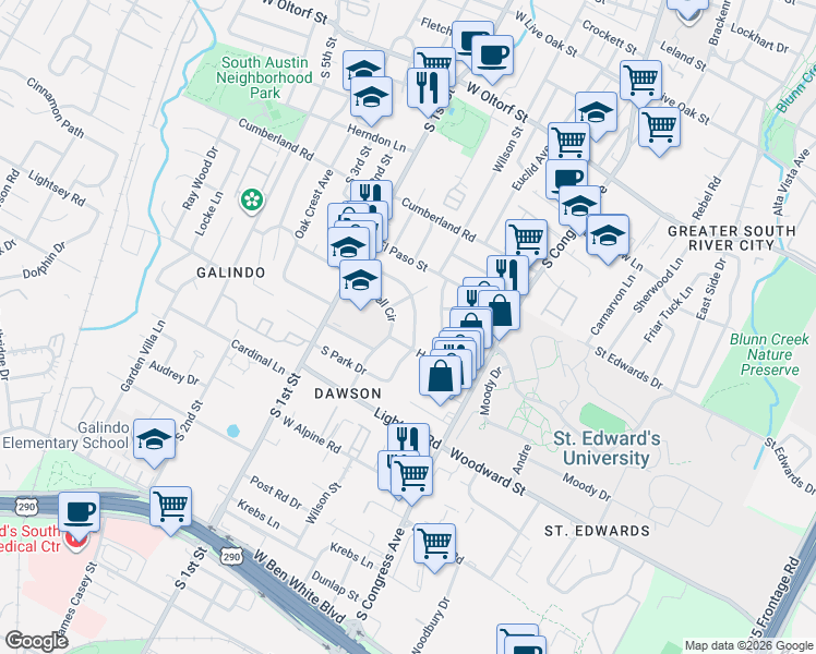 map of restaurants, bars, coffee shops, grocery stores, and more near 3010 Fontana Drive in Austin