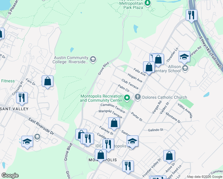 map of restaurants, bars, coffee shops, grocery stores, and more near 1108 Lily Terrace in Austin