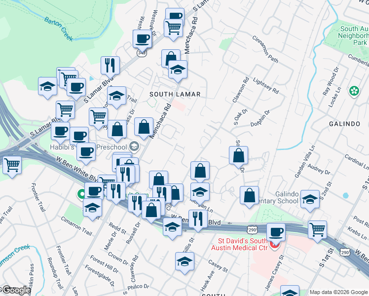 map of restaurants, bars, coffee shops, grocery stores, and more near 3800 Clawson Road in Austin