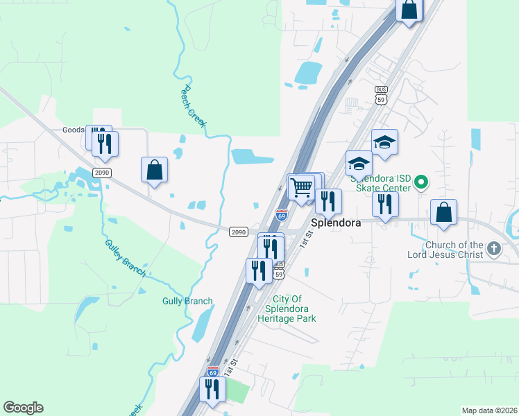 map of restaurants, bars, coffee shops, grocery stores, and more near 14550 U.S. 59 in Splendora