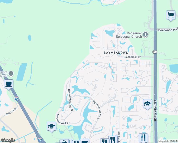 map of restaurants, bars, coffee shops, grocery stores, and more near 9489 Star Drive in Jacksonville