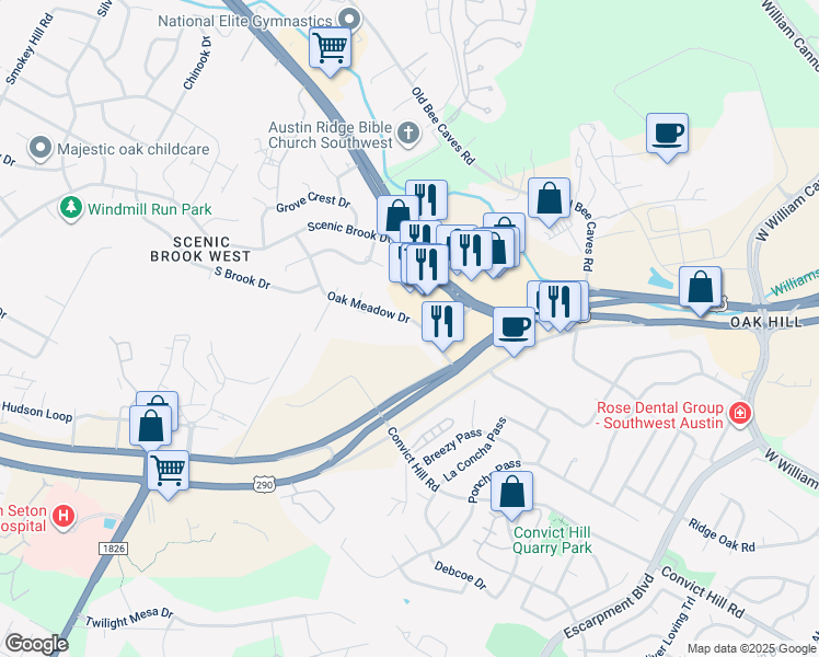 map of restaurants, bars, coffee shops, grocery stores, and more near 7109b Oak Meadow Drive in Austin