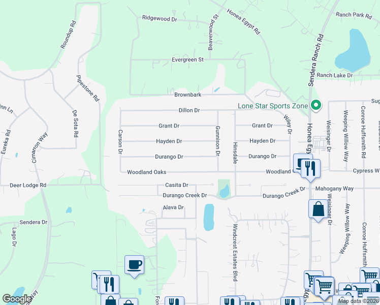 map of restaurants, bars, coffee shops, grocery stores, and more near 6810 Durango Drive in Magnolia