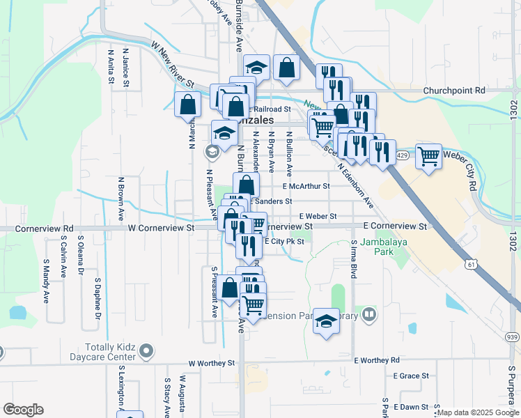 map of restaurants, bars, coffee shops, grocery stores, and more near 201 East Sanders Street in Gonzales