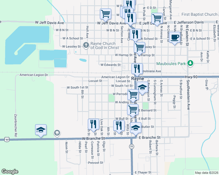 map of restaurants, bars, coffee shops, grocery stores, and more near 301 4th Street in Rayne
