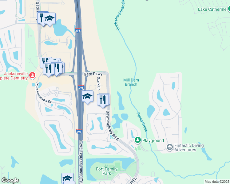 map of restaurants, bars, coffee shops, grocery stores, and more near 7751 Baymeadows Road East in Jacksonville
