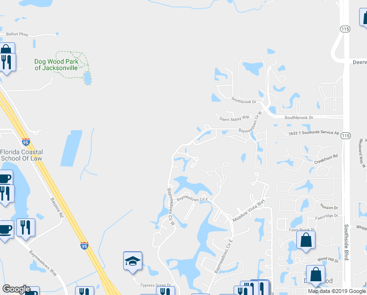 map of restaurants, bars, coffee shops, grocery stores, and more near 7701 Baymeadows Circle West in Jacksonville