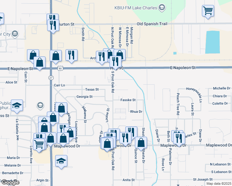map of restaurants, bars, coffee shops, grocery stores, and more near 295A South Post Oak Road in Sulphur