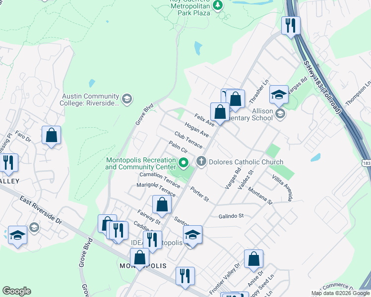 map of restaurants, bars, coffee shops, grocery stores, and more near 6202 Palm Circle in Austin