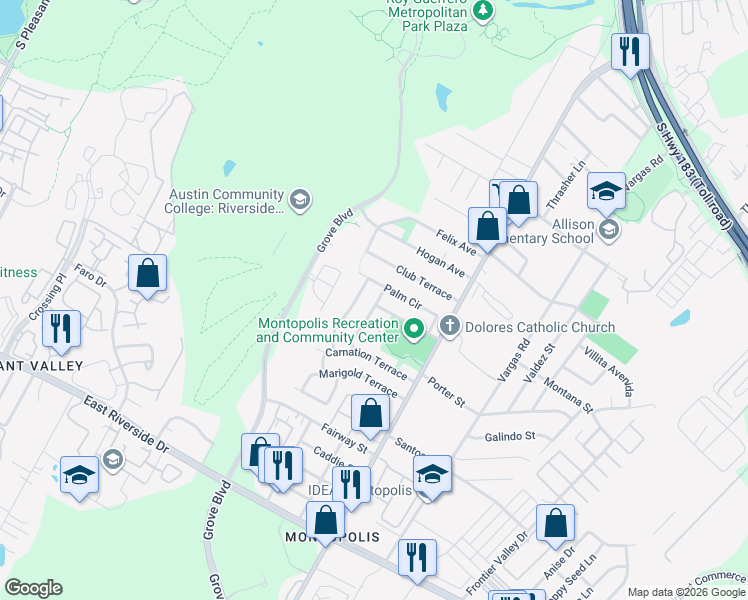 map of restaurants, bars, coffee shops, grocery stores, and more near 6101 Palm Circle in Austin