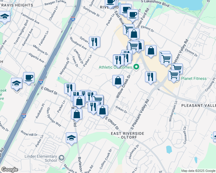 map of restaurants, bars, coffee shops, grocery stores, and more near 1919 Burton Drive in Austin