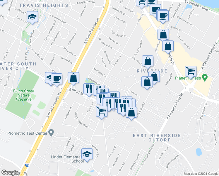 map of restaurants, bars, coffee shops, grocery stores, and more near 2001 Parker Lane in Austin