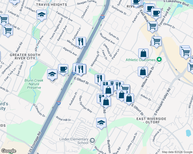 map of restaurants, bars, coffee shops, grocery stores, and more near 2100 Parker Lane in Austin