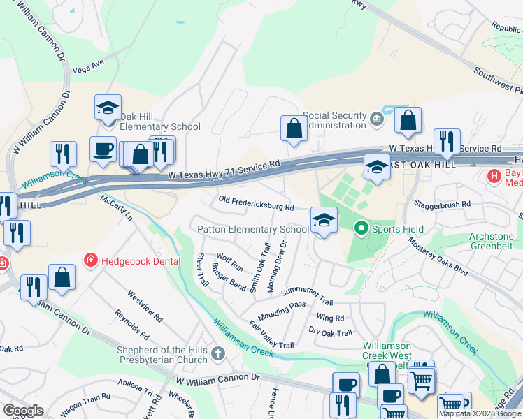 map of restaurants, bars, coffee shops, grocery stores, and more near 6029 Old Fredericksburg Road in Austin