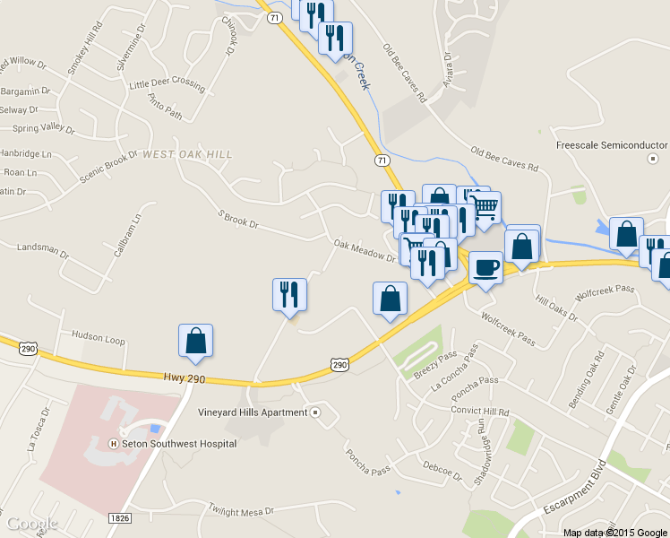 map of restaurants, bars, coffee shops, grocery stores, and more near 7103 Silver Dale Drive in Austin