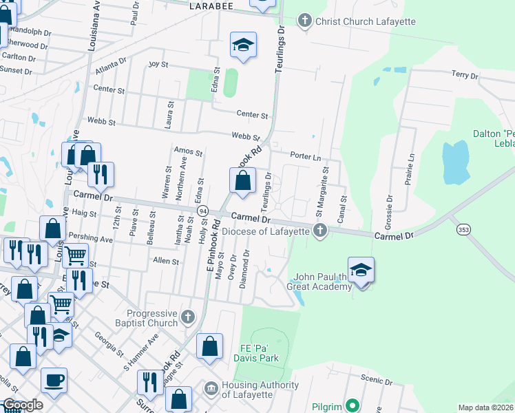 map of restaurants, bars, coffee shops, grocery stores, and more near 113 Teurlings Drive in Lafayette