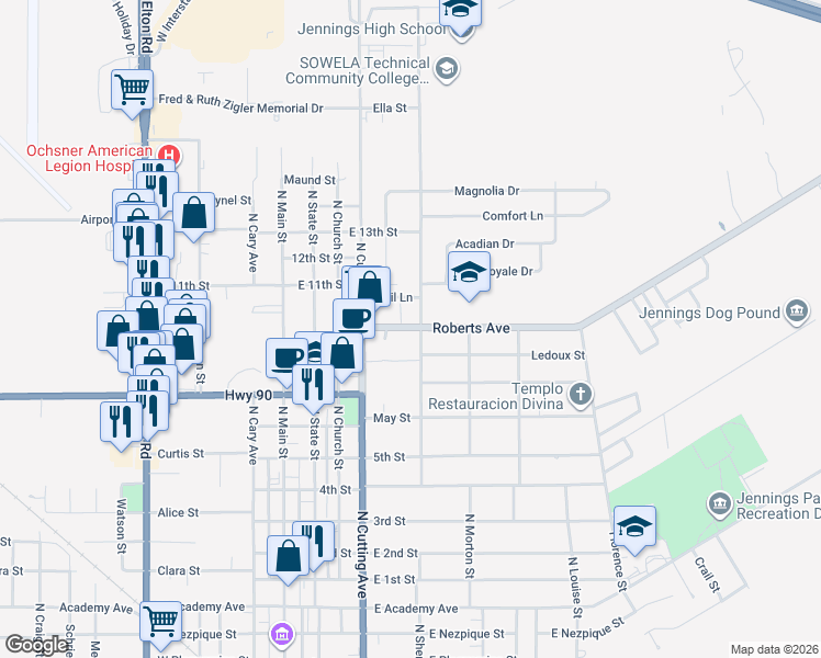 map of restaurants, bars, coffee shops, grocery stores, and more near 400-498 Roberts Ave in Jennings