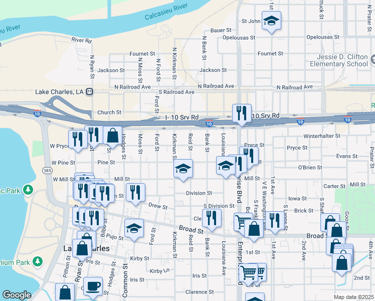 map of restaurants, bars, coffee shops, grocery stores, and more near 414 Reid St in Lake Charles